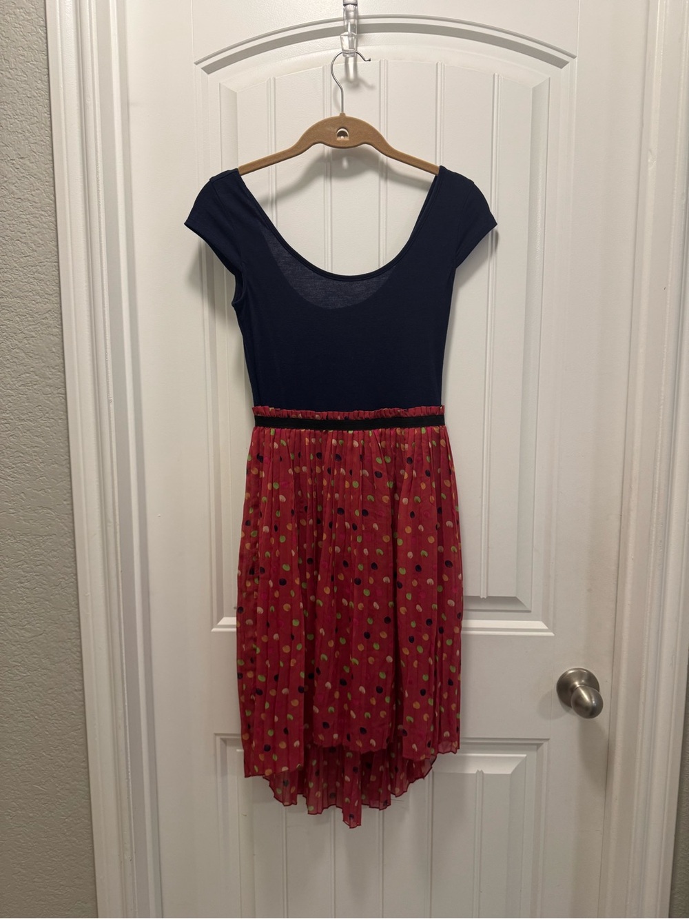 Xhilaration High-Low Navy Red Polka Dot Dress Cap sleeve Sheer Skater Size Small